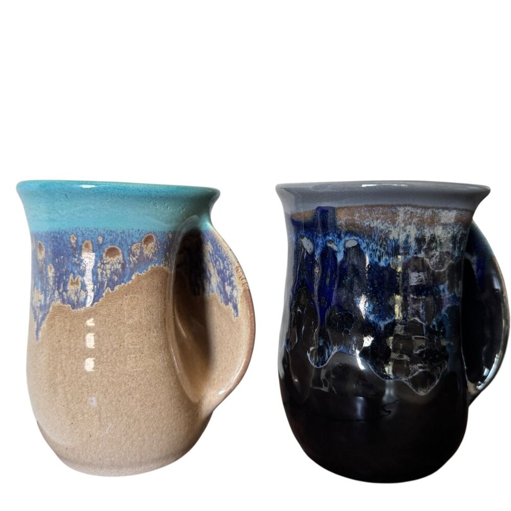Neher Pottery In Motion Stoneware Handwarmer Mugs Right handed Style Set Of 2
